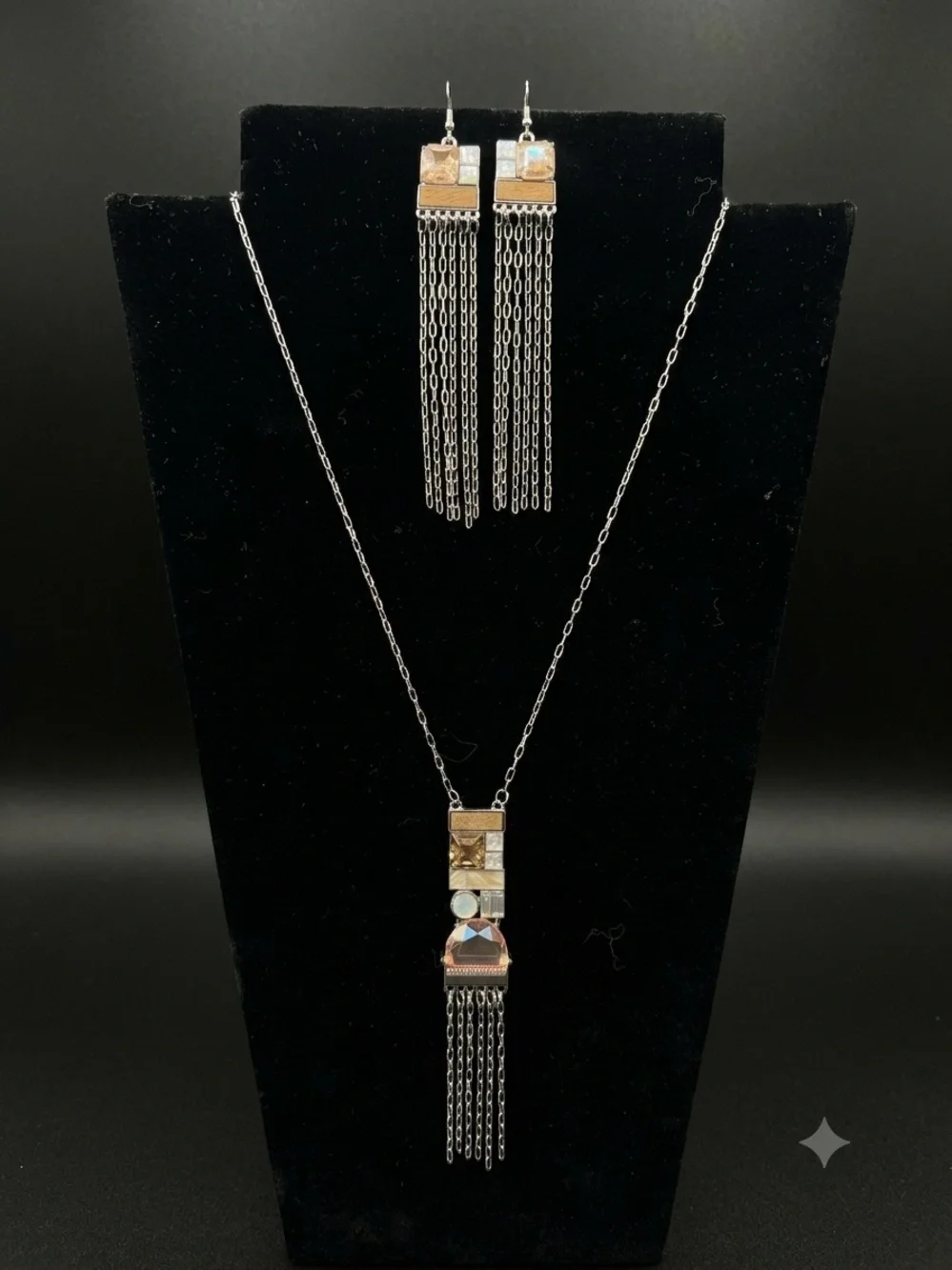 Multi-Tone Tassel Pendant Necklace, Earring & Bracelet Set - Silver Chain